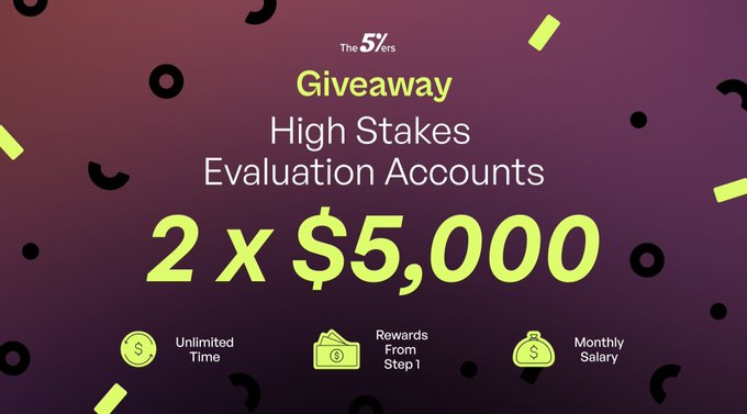 A promotional graphic with a purple and green gradient background advertises a 'Giveaway' from 'The 5%ers' for 'High Stakes Evaluation Accounts' featuring 2 x $5,000 with unlimited time, rewards from step 1, and monthly salary.