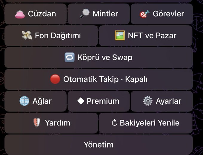 A Turkish cryptocurrency wallet interface displays menu options including Cüzdan (Wallet), Mintler (Mints), Görevler (Tasks), Köprü ve Swap (Bridge and Swap), and Yönetim (Management). The image relates to the post by showing the bridge/swap feature the user needs to transfer their Ethereum from Base network to the Robinhood chain for an NFT mint bot, eliminating the need to manually use external bridge sites.