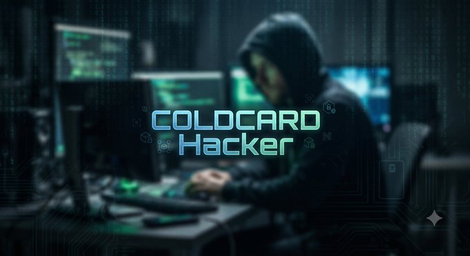 Thematic image titled 'COLDCARD Hacker' showing a hooded figure working at multiple computer monitors in a dark environment with digital code overlays.