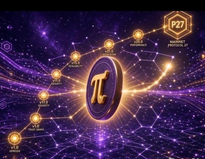 A glowing Pi Network coin sits at the center of a cosmic, constellation-style roadmap tracking the protocol's evolution from v1.0 Genesis through v11.0, v15.0, v17.0, v21.0, and v25.0, culminating in "P27 MAINNET PROTOCOL 27" — visually reinforcing the post's announcement of the Mainnet upgrade to Protocol 27 and the seven protocol updates delivered in six months.