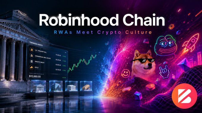 A promotional banner for 'Robinhood Chain' with the tagline 'RWAs Meet Crypto Culture,' featuring a Doge meme character in sunglasses against a backdrop of a stock chart and crypto symbols.