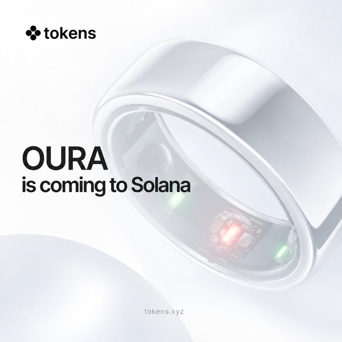 A promotional graphic from tokens.xyz showing a close-up of an Oura smart ring with visible sensors, overlaid with the text "OURA is coming to Solana" alongside the Tokens.com logo. The image visually supports the announcement of Oura Ring's IPO being tokenized on the Solana blockchain via Backpack Securities.