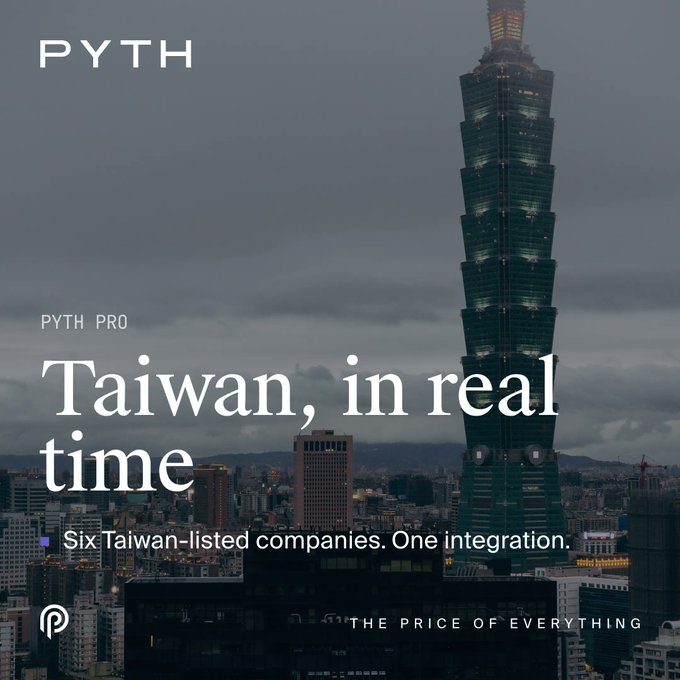 A promotional graphic for PYTH featuring the text 'PYTH PRO', 'Taiwan, in real time', 'Six Taiwan-listed companies. One integration.', and 'THE PRICE OF EVERYTHING' overlaid on a moody photograph of Taipei 101 at dusk.