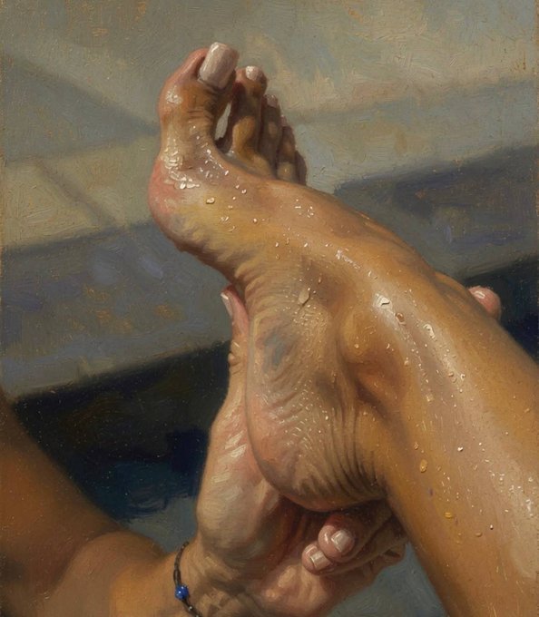 A hyperrealistic oil painting depicts weathered, water-dappled hands cradling and washing a bare foot, with a delicate blue beaded bracelet visible on the wrist. The intimate act of cleansing suggests a tender ritual of care, fittingly captioned "mona toes" — a playful nod to both the Mona Lisa's enigmatic gaze and the unexpected focus on humble feet.