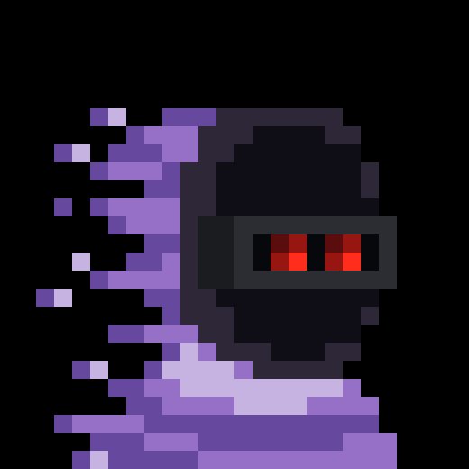 A pixel art sprite of a dark hooded figure with red glowing eyes, surrounded by purple energy particles and a trailing smoke effect against a black background.