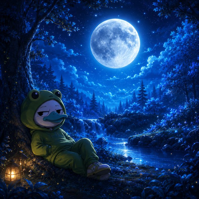 The image features a frog dressed in a green hoodie, sitting next to a tree with its eyes closed while resting near a river at night. The background includes a full moon, stars, trees, and water, creating an enchanting atmosphere. The caption related to this image reads "Good Night frns Don'T forget about Wallchain's new campaign make sure to connect your Telegram account so you can stay updated on future campaigns and get notified about the results of the current one".