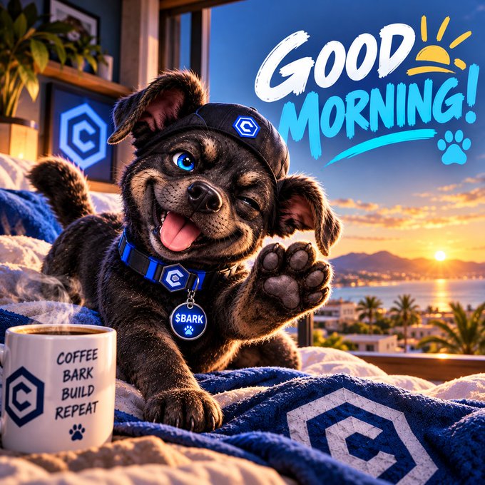 A digital illustration of a black and grey puppy wearing a hat and a 'BARK' tag, resting on a blanket next to a mug reading 'COFFEE BARK BUILD REPEAT', with 'GOOD MORNING!' text and a sunny coastal background.