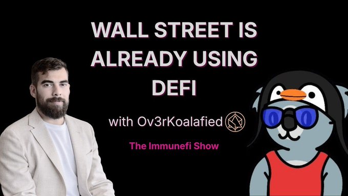 A promotional graphic for "The Immunefi Show" featuring a bearded man in a beige blazer on the left and a cartoon penguin mascot wearing sunglasses on the right, with text announcing "WALL STREET IS ALREADY USING DEFI with Ov3rKoalafied," which ties into the episode's discussion about durable DeFi protocols and AlchemixFi.