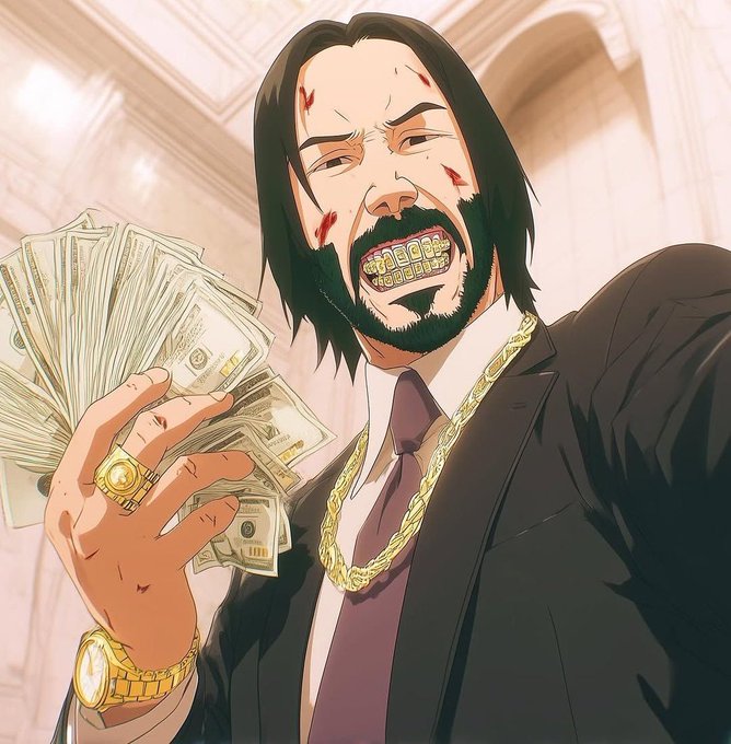 Anime-style illustration of a bearded man in a suit with gold grills, gold chains, and rings, holding a fan of cash with blood splattered on his face.