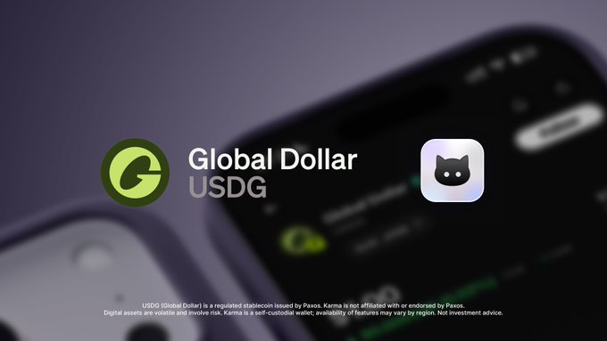 A promotional graphic featuring the Global Dollar (USDG) logo alongside a black cat icon, set against a blurred smartphone background displaying the Karma app. The image highlights Karma's partnership with Global Dollar as its settlement currency on Robinhood Chain, with the caption noting USDG's $3.4B circulation and its role in settling 95+ tokenized stocks and perps.