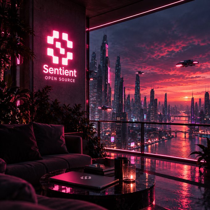 A cyberpunk-style cityscape at sunset viewed from a modern apartment interior, with a neon 'Sentient OPEN SOURCE' logo on the wall and futuristic flying vehicles in the pink and orange sky.