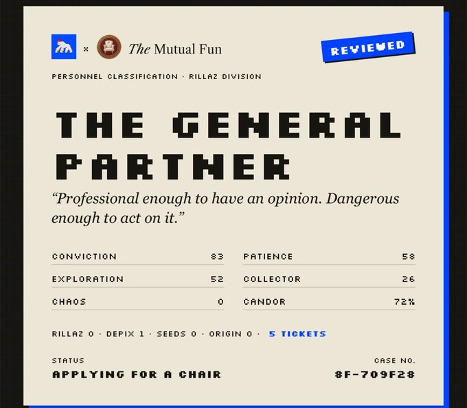 A 'General Partner' character review card with the quote 'Professional enough to have an opinion. Dangerous enough to act on it,' showing stats including Conviction 83, Patience 58, Exploration 52, Collector 26, Chaos 0, and Candor 72%.
