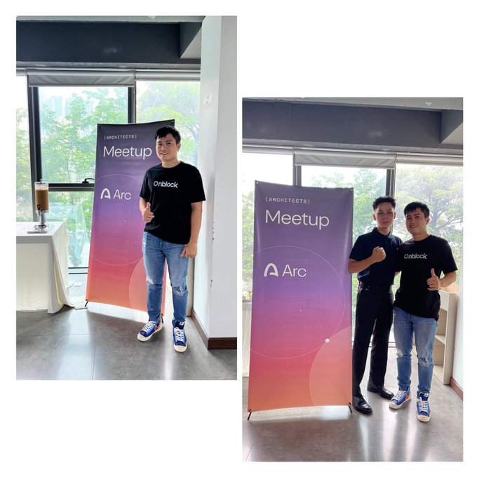 Two photos from the "ARC [ARCHITECTG]" Meetup, showing an Onblock-branded attendee posing solo by the banner in the first image and standing alongside another attendee in the second. The captions reflect the social Vietnamese post highlighting friends gathering at the Arc Vietnam meetup.