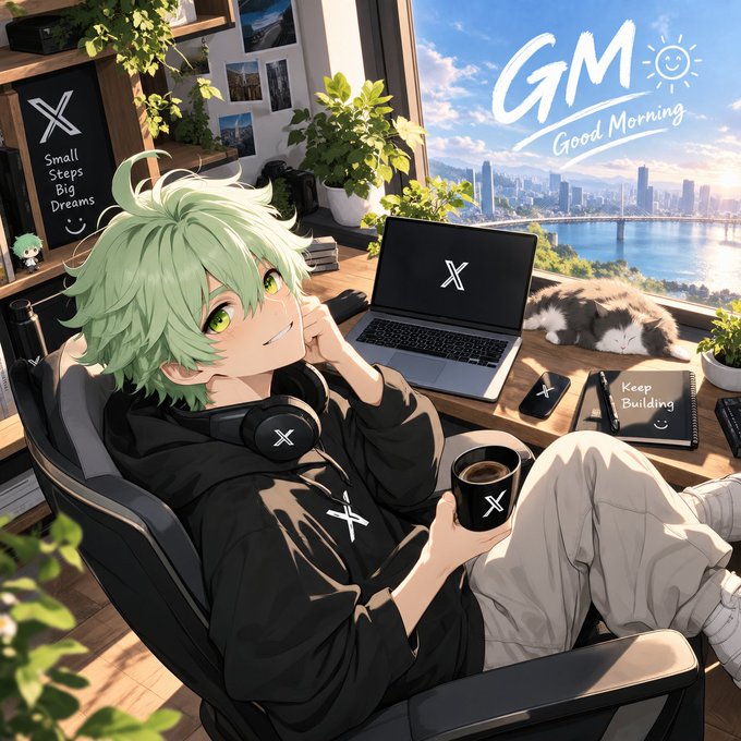 An anime-style illustration shows a green-haired character sitting in a cozy workspace with a laptop, coffee mug, and sleeping cat, featuring the text 'GM Good Morning' and 'X Small Steps Big Dreams'.