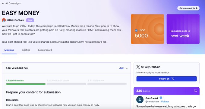The image is a screenshot of a page displaying information related to an Easy Money campaign, specifically, the creator's account and its features. The post suggests that the creator has joined a new community where they can make money by selling items such as jewelry (link) or trading items on an online marketplace like rally.fun/joinme. The creator is currently in the waiting list for their opportunity to sell items at $5,000 or less. However, the campaign also mentions that there is a strong chance of making more money if the creator can finish the registration process.