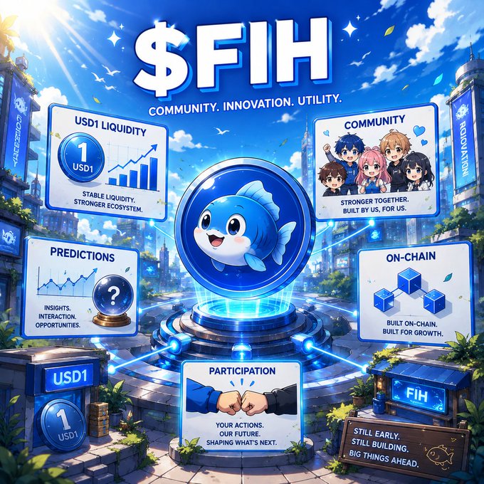 A vibrant promotional graphic for $FIH (the USD1 ecosystem token) centers on a friendly blue fish mascot surrounded by five pillars: "USD1 Liquidity," "Community," "Predictions," "On-Chain," and "Participation," with the tagline "Community. Innovation. Utility." The image visually reinforces the post's message about slow, deliberate ecosystem-building by showcasing the collaborative, multi-faceted foundation—community, liquidity, and on-chain development—that the project is cultivating over time.