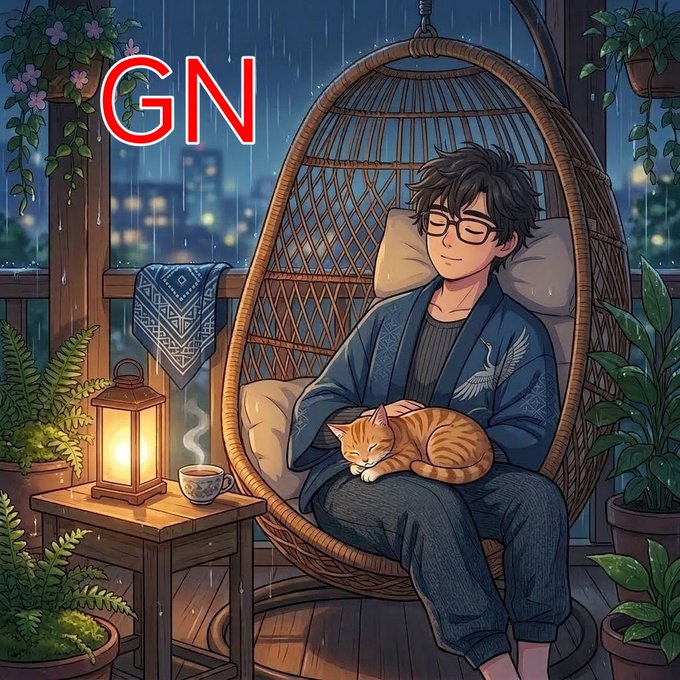 The image shows an illustration of a man sitting in a wicker chair, holding a cat that appears to be sleeping or resting. The scene takes place outdoors with potted plants around them. The caption for the image reads "Good night gTRIA What makes @useTria interesting isn't just the growing list of features. It's the way the platform keeps removing complexity from the user experience. No bridge hopping. No constant chain switching. No juggling multiple apps just to complete a simple".
