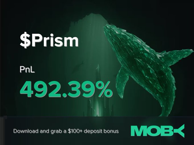 An underwater green-tinted promotional graphic for Moby featuring a whale and "$Prism" with a "PnL 492.39%" highlight, advertising a $100+ deposit bonus to celebrate the trader's massive win alert.