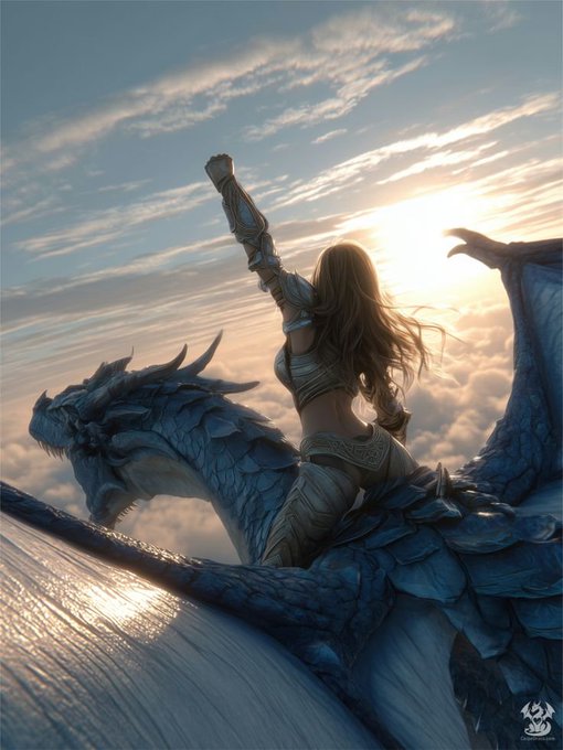 A fantasy artwork showing a female warrior with long flowing hair riding on the back of a large blue dragon, raising her arm triumphantly as they soar through clouds at sunset.