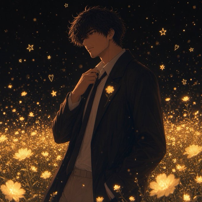An anime-style illustration of a young man in a dark suit and white shirt adjusting his tie, surrounded by a field of glowing golden flowers, stars, and heart shapes against a dark background.