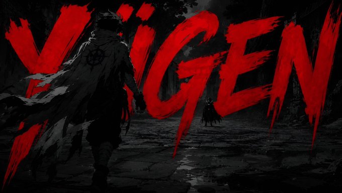 The image features a poster or album cover that reads "Yugen" written in red letters, accompanied by a black background. The text is slightly tilted, giving it an artistic touch. Below the title, there's a small caption that reads "Just secured my @yugen_gg spot 700 supply coming on ETH with a Genesis collection currently sitting at 0.45E Excited for this one". This post seems to be related to the game "Yugen" or a similar game, as it is promoting an upcoming release of the game and possibly discussing its content.