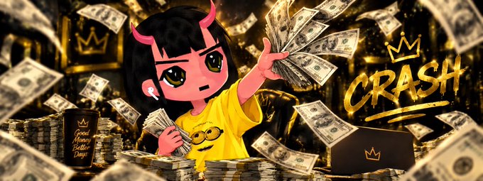 An illustrated graphic showing a pink-haired anime-style character holding money, with stacks of cash, a 'Good Night Mother Day' cup, and the word 'CRASH' with a crown symbol in gold.