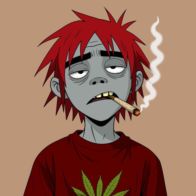 A cartoon zombie with messy red hair, droopy eyes, and a joint dangling from his mouth, wearing a red shirt with a marijuana leaf design. The image aligns with the post's 420 stoner theme and references the NFT collection name "zombified."