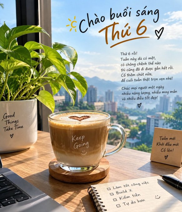 A Vietnamese motivational Friday morning greeting ('Chào buổi sáng Thứ 6') featuring a latte with a heart latte art, a green potted plant, and a city view, with a to-do list including 'Làm tốt công việc' and 'Build X'.