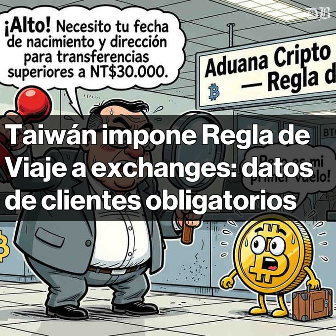 A Spanish-language cartoon illustrating Taiwan's 'Travel Rule' for crypto exchanges, with text stating 'Taiwán impone Regla de Viaje a exchanges: datos de clientes obligatorios' (Taiwan imposes Travel Rule on exchanges: mandatory client data).