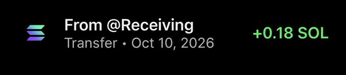 The image shows a Solana wallet transaction notification displaying "From @Receiving" and "Transfer · Oct 10, 2026" with a credit of "+0.18 SOL" in green. It represents a small $SOL deposit received by one of the first 40 wallets mentioned in the accompanying post, illustrating the type of incoming transfers being tracked or rewarded.