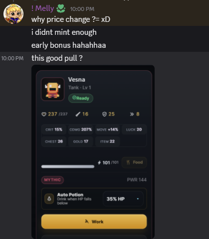 A Discord message from '! Melly' discussing a game pull for 'Vesna Tank - Lv 1' with stats including CRIT 15%, DMG 207%, and 35% HP auto potion.