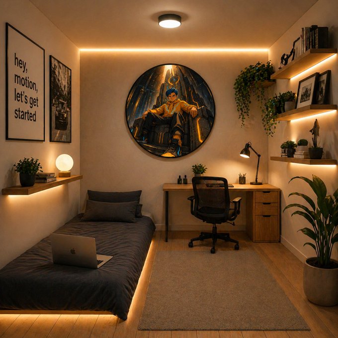 The image depicts a small, cozy bedroom with two twin beds placed against the wall next to each other. The room also features several plants, creating a peaceful atmosphere. On one of the beds, there are some books. A desk with a chair is located in the middle of the space, serving as an office area within the room. 

A laptop computer can be seen on top of the bed, and there's another one sitting on the floor near the foot of the bed. The walls have pictures hanging up, adding to the homey ambiance. Additionally, a potted plant is placed in front of the desk, providing some greenery to the room. A rug is laid out underneath the laptop area, completing the cozy setting.