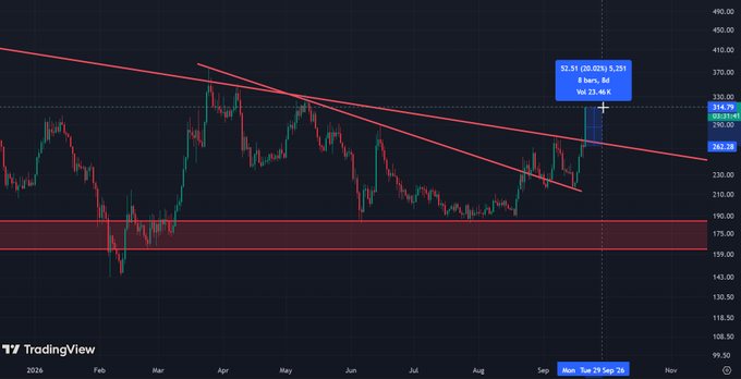 A TradingView candlestick chart showing stock price action over 2026, with red trendlines forming a descending channel and a recent bullish breakout highlighted at 314.79.