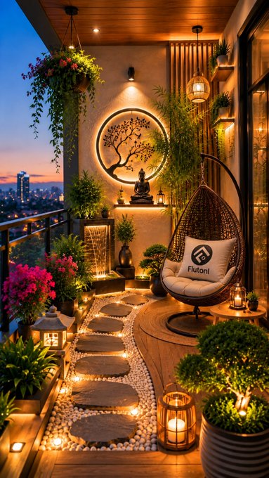 A beautifully decorated small balcony features Japanese zen elements including a bonsai tree silhouette in a circular frame, a Buddha statue, a hanging wicker chair with 'Flutonl' pillow, bonsai plants, stone lanterns, and warm string lights against a city skyline at dusk.