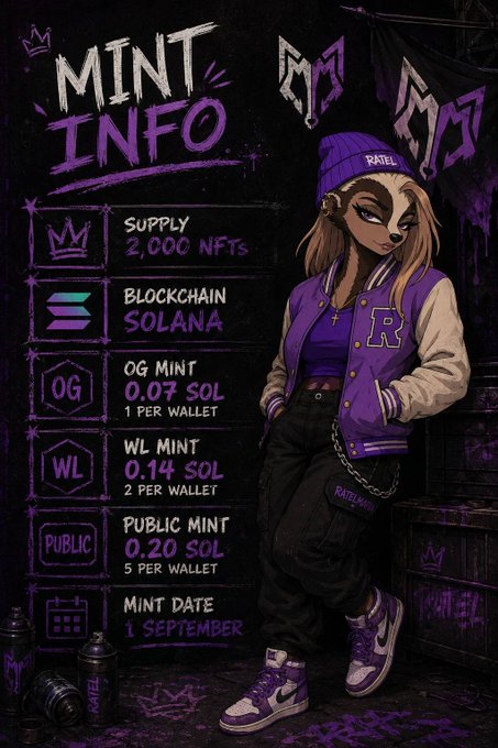 Promotional graphic titled 'MINT INFO' for an NFT collection called 'RATEL,' detailing a supply of 2,000 NFTs on the Solana blockchain, with OG mint at 0.07 SOL, WL mint at 0.14 SOL, and Public mint at 0.20 SOL, scheduled for 1 September.