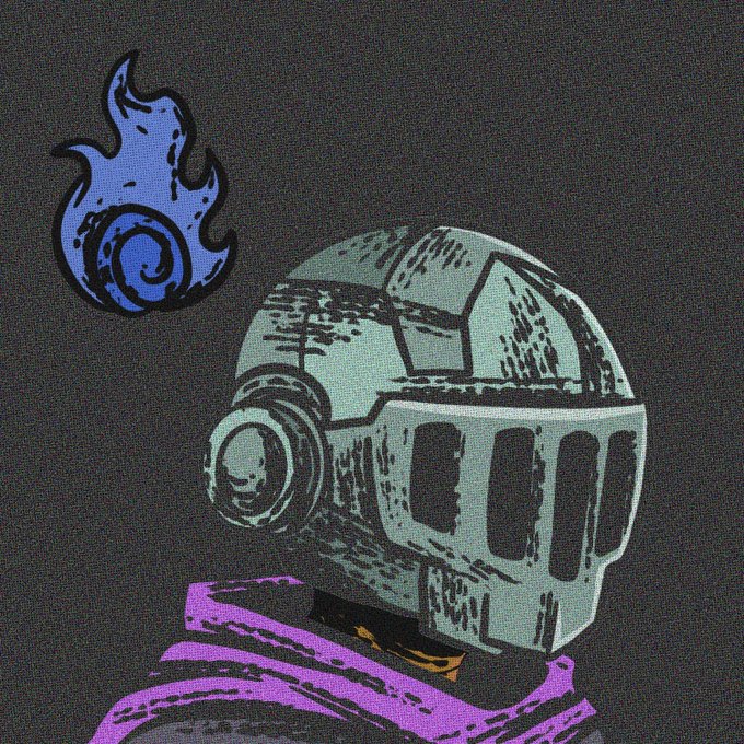 A pixel-art illustration features a knight in a metallic helmet with purple armor, accompanied by a blue flame emblem above. The imagery visually represents the "GM" greeting and the knight-themed aesthetic of GuildGrime, aligning with the announcement of a new Collab Manager role.