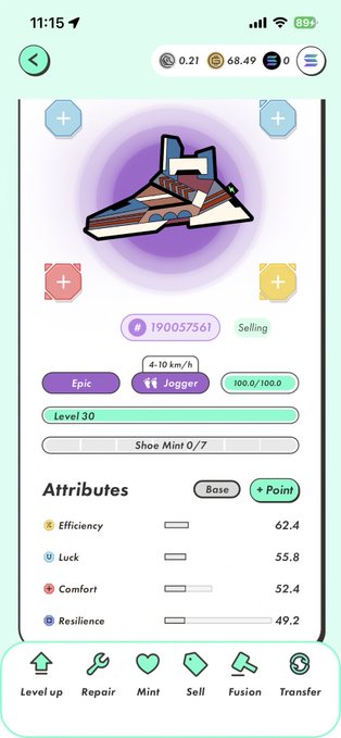 A mobile game interface displays a sneaker NFT with the ID '190057561' set to 'Selling', showing attributes like Efficiency 62.4, Luck 55.8, Comfort 52.4, and Resilience 49.2, with a 4-10 km/h jogger speed and a 100.0/100.0 rating.