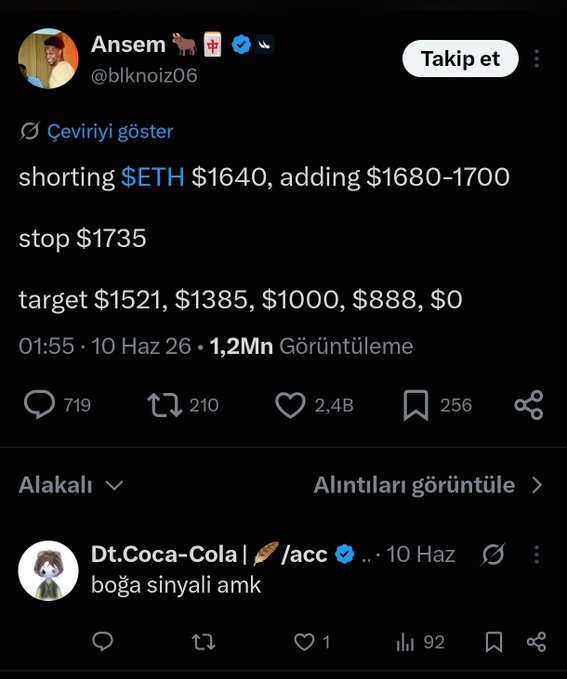 A Turkish tweet by Ansem (@blknoiz06) giving crypto trading signals for $ETH with entry, stop, and target prices, followed by a reply from Dt.Coca-Cola reading "boğa sinyali amk."