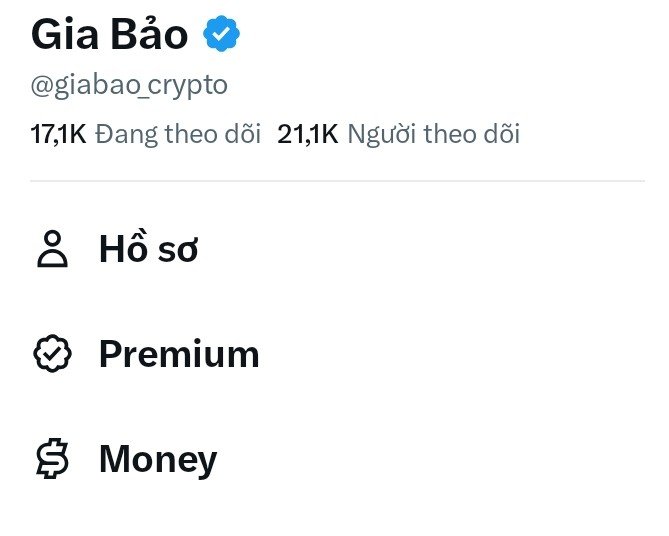A Twitter profile for 'Gia Bảo' (@giabao_crypto) shows 21.1K followers and Vietnamese menu options for Profile, Premium, and Money.