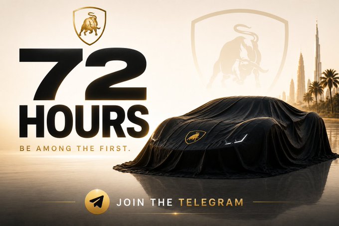 The image shows a Lamborghini teaser with the text "72 HOURS - BE AMONG THE FIRST" alongside a covered supercar, promoting a Telegram channel at telegram.me/launchin72h. The post aligns with the visual urgency, suggesting an exclusive XRP-related reveal for early Telegram subscribers before a public announcement.