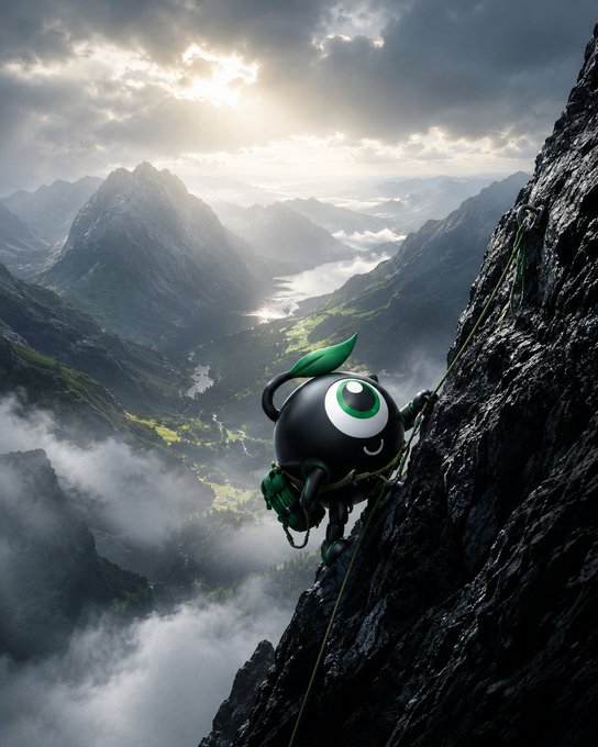 The image features a robot or a toy ball, possibly a balloon, climbing up a mountain face. The scene takes place in a mountainous area where there are clouds present. The caption provided seems unrelated to the image itself and could be an unrelated comment or description about the photo.