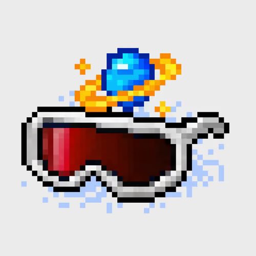 A pixel art illustration of a metallic, bowl-shaped spaceship with a glowing blue crystal and orange energy bands hovering above it.