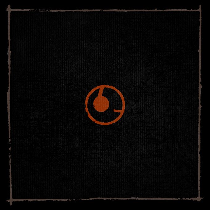 A dark, textured background displays a small, circular orange logo in the center, resembling a stylized record or musical note.