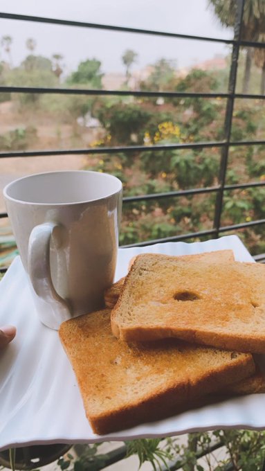 A white coffee mug and a plate with two slices of toasted bread sit on a balcony, overlooking a scenic view of trees, fields, and distant hills.