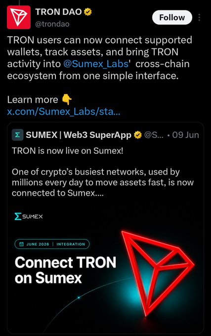 Tweet from @trondao announcing that TRON users can connect wallets and track assets via @Sumex_Labs' cross-chain ecosystem, featuring a 'Connect TRON on Sumex' promo marked JUNE 2026 | INTEGRATION.