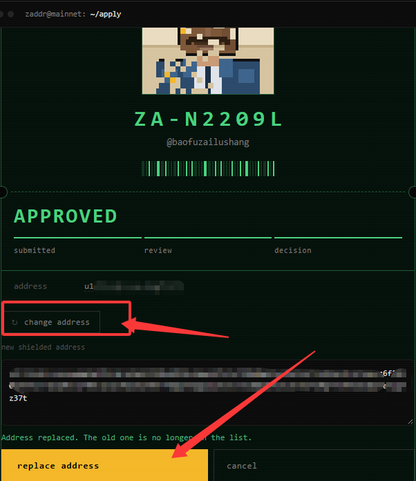 A screenshot of a Zcash shielded address replacement interface showing "APPROVED" status, with red arrows pointing to the "change address" button and the "replace address" confirmation button.