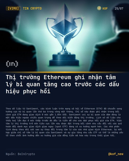 A Vietnamese-language crypto news graphic titled 'TIN CRYPTO' from KOF dated 25/07, featuring an Ethereum trophy and reporting on rising bullish sentiment for ETH before recovery.