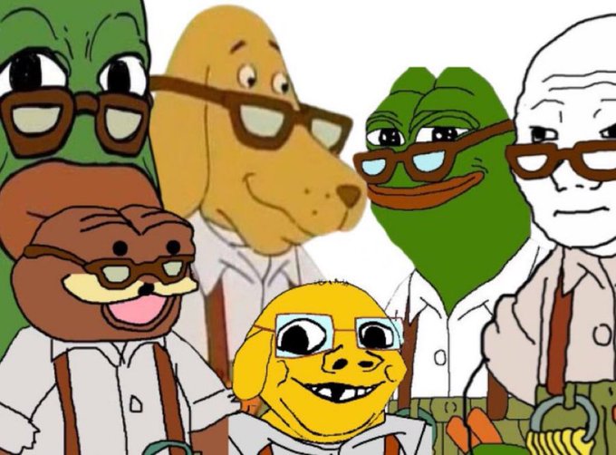 A group illustration of various 'Rare Pepe' characters, including dogs and frogs, all wearing glasses, white shirts, and suspenders.