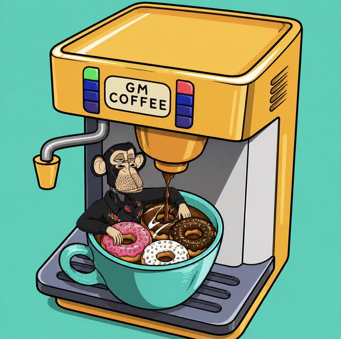 A cartoon illustration of a yellow 'GM COFFEE' machine dispensing coffee into a teal cup filled with colorful donuts, with a tired-looking Bored Ape NFT character sitting inside the cup.