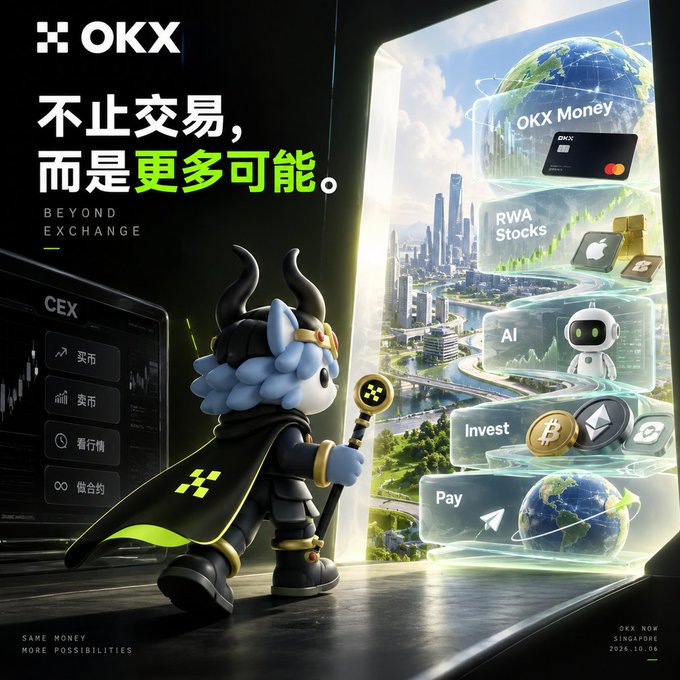 An OKX advertisement displays a blue-hooded mascot with a staff, alongside Chinese text and English 'BEYOND EXCHANGE' promoting services like 'OKX Money', 'RWA Stocks', 'AI', 'Invest', and 'Pay'.